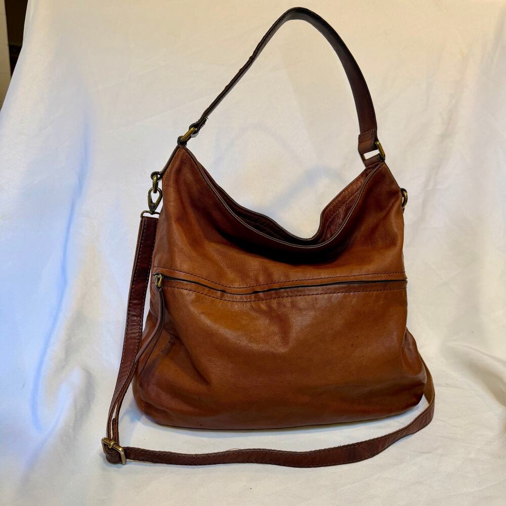 Fossil Cognac Brown Goat Hide Leather Slouchy Hobo Crossbody Bag Shoulder Purse